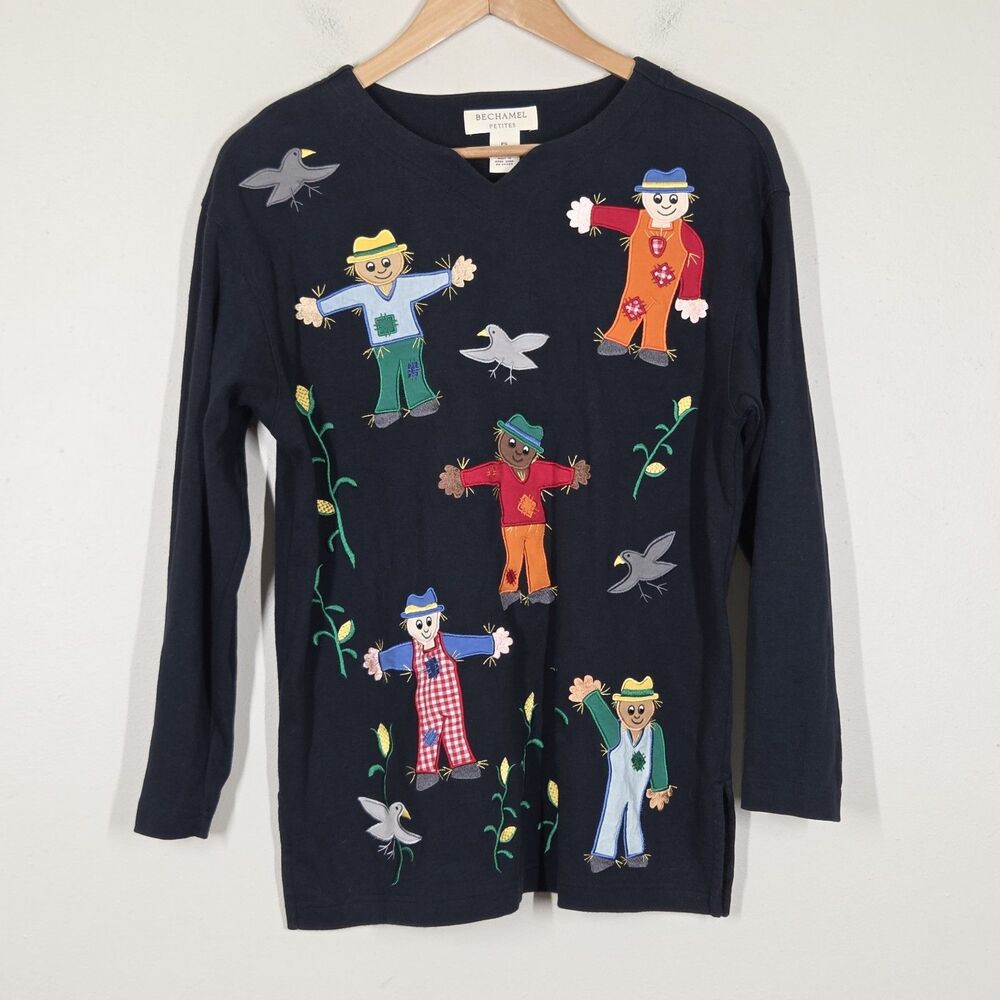 Vtg 90s Scarecrow Top Embroidered Crow Corn Fall Harvest PS Novelty Halloween